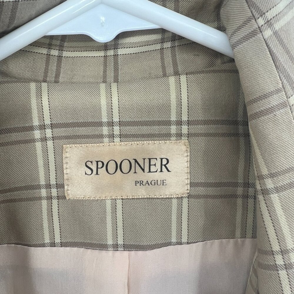 Spooner Prague Plaid Tan Long Jacket Coat Lightweight Tailored Vintage Small - Picture 3 of 5